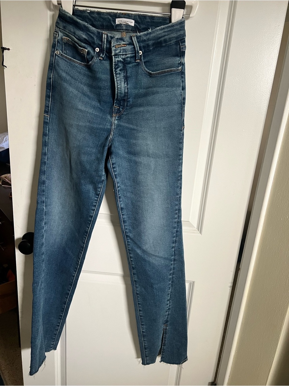 Good American Blue High-Rise Raw Hem Jeans